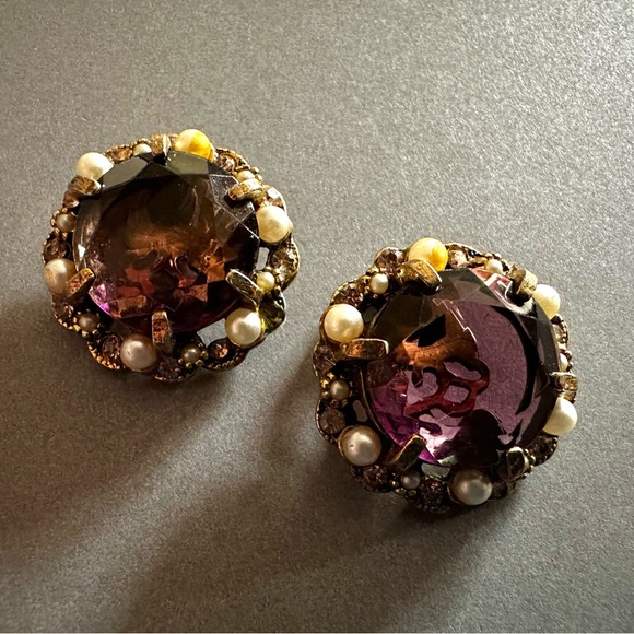 ARTHUR PEPPER ‘ART’ Amethyst Glass Clip On Earrings 1960s Vintage - Picture 2 of 11